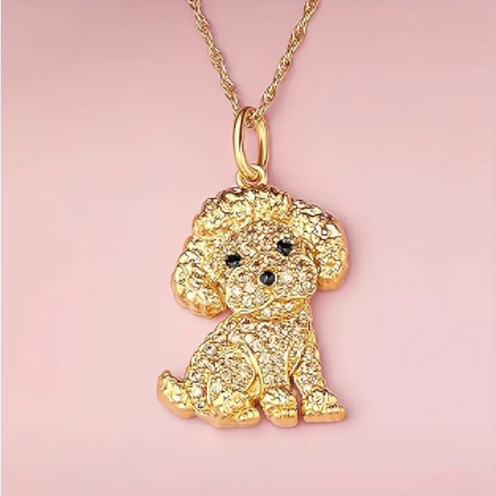 Gold Plated Dog Series Gem Studded Poodle Pendant Necklace